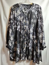 CITRON SANTA MONICA Silk Button Top Sz 2X Black White Floral Crinkle Quiet Luxe