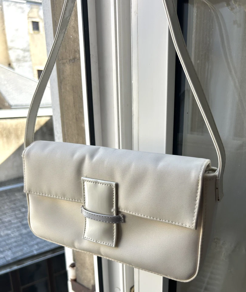 Vintage Lancôme Paris White Shoulder Bag Y2K Nylon Baguette Purse French Chic - Photo 1/4