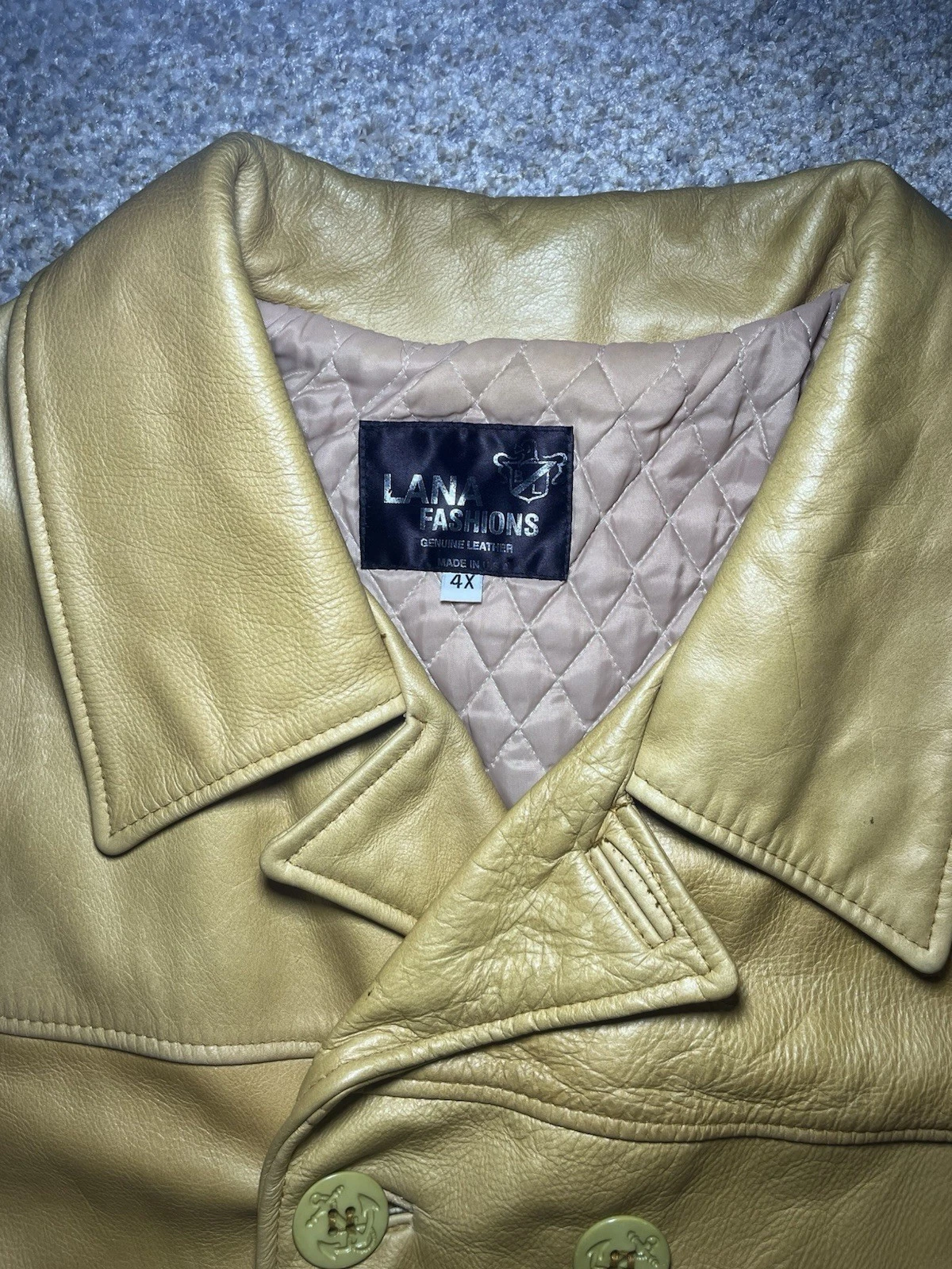 Mens Genuine Leather Pea Coat 4XL Mustard Tan Double Breasted Lined Made in USA - product detail image 3