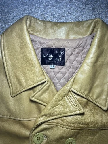 Mens Genuine Leather Pea Coat 4XL Mustard Tan Double Breasted Lined Made in USA image 3