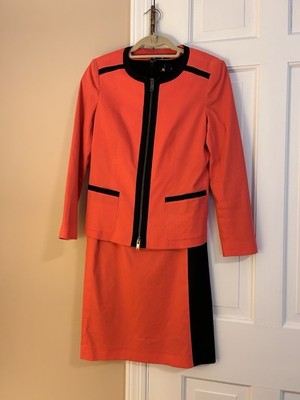 Women's Fuscia Black Colorblock Skirt Suit Set Jacket Long Sleeve Dress