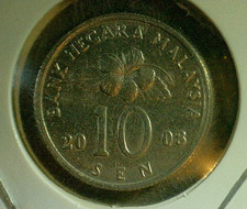 WORLD COIN SALE-2008 MALAYSIA 10 SEN-COPPER NICKEL COMP. COIN-KM# 51
