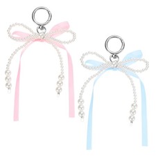Pearl Bow Keychain, Imitation Pearl Bow Ribbon, Pink, Blue Pack of 2