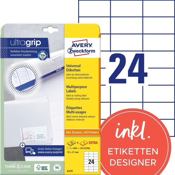 Avery Zweckform 6173 Adressaufkleber 720 Etiketten 70X37Mm A4 Matt Weiß-image
