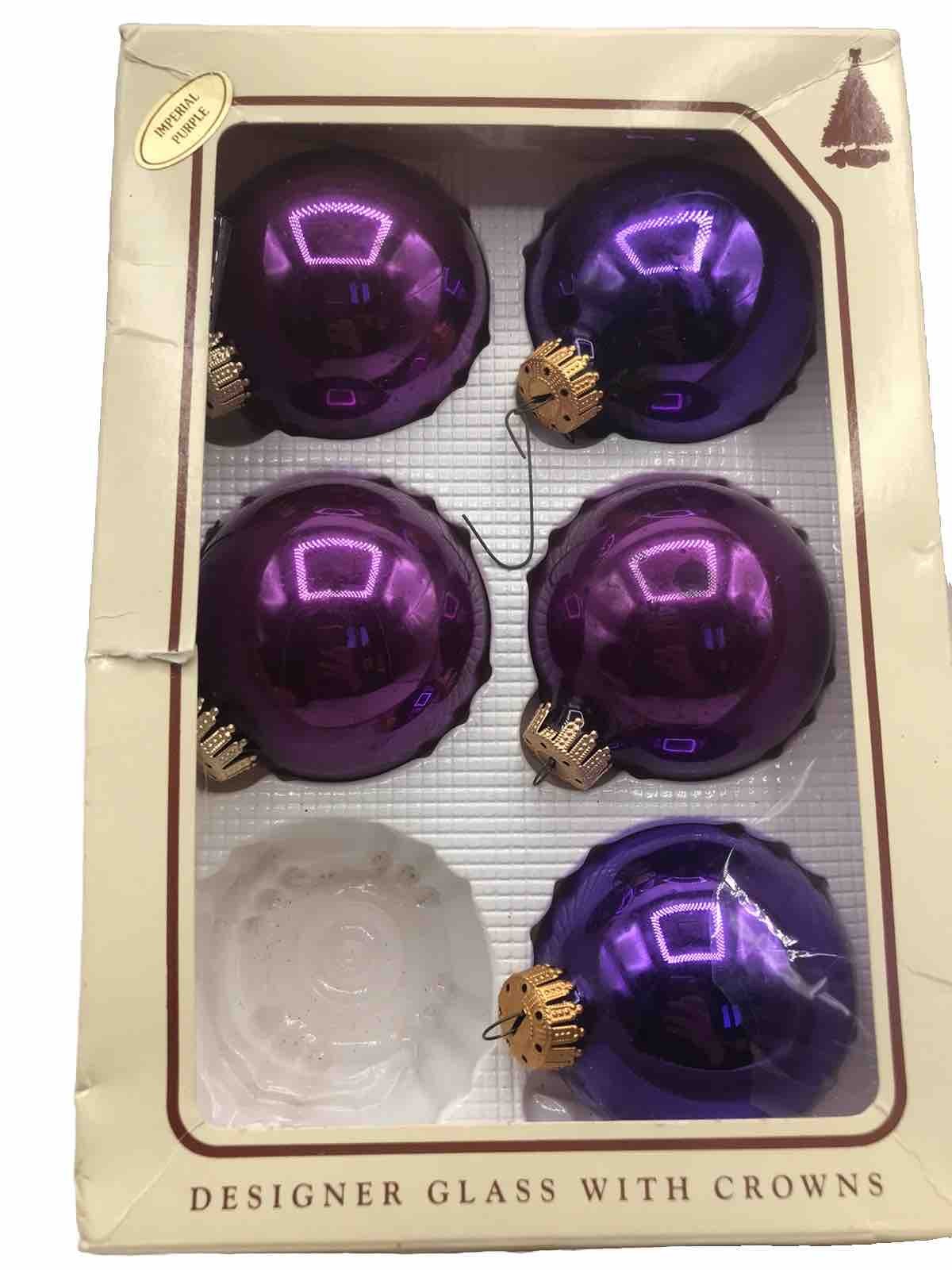 VTG Christmas By Krebs Purple 5 Glass Round Ball Ornaments w Gold Crowns 🇺🇸