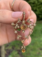 9Ct Gold Citrine Pearl Period Art Nouveau Exceptional Large Heavy Pendant 5.3 G