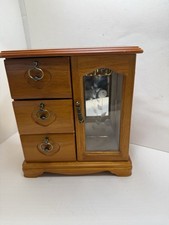Vintage Wooden Jewelry Box 3 Drawers Etched Floral Glass Door 9  x7.5  
