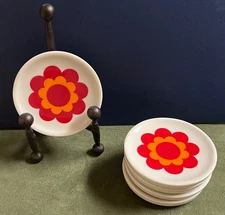 Vintage MCM Helmut Kruger Porcelain ORANGE POPPY Coaster, ~3.5”,  Set Of 5, EUC