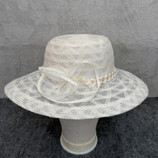 VTG Hat Sun Womens OS White Mesh Wide Brim Bow Sequin Derby Church Wedding