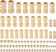 90PCS Brass Tube Connector Kit 1/8"-1/2" OD Compression Fittings for Air Line