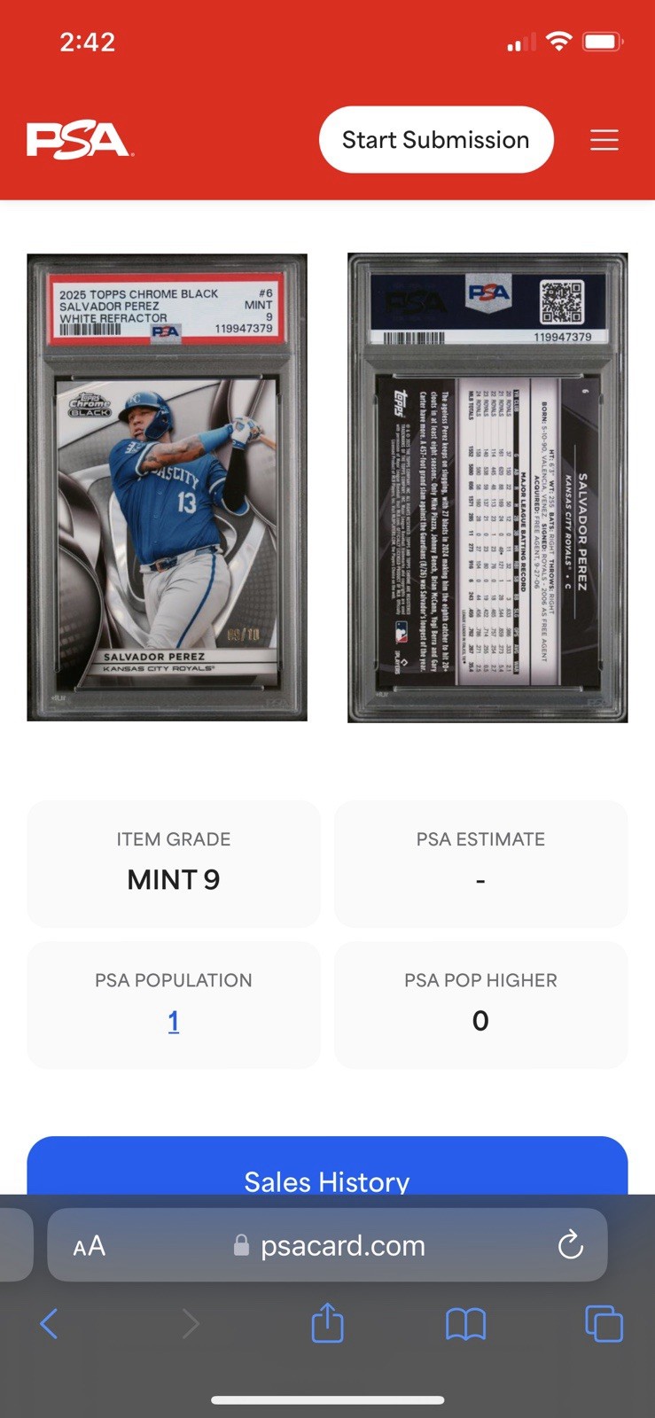 2025 Topps Chrome Black Salvador Perez White Refractor Kansas City Royals PSA 9 view 4