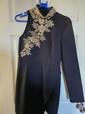 PRETTYLITTLETHING Black Bodycon Dress Gold Floral Beading Size 10 Asymmetrical