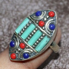 Tibetan Turquoise Red Coral Nepali Tribal Gemstone Ring US FreeSize MJ