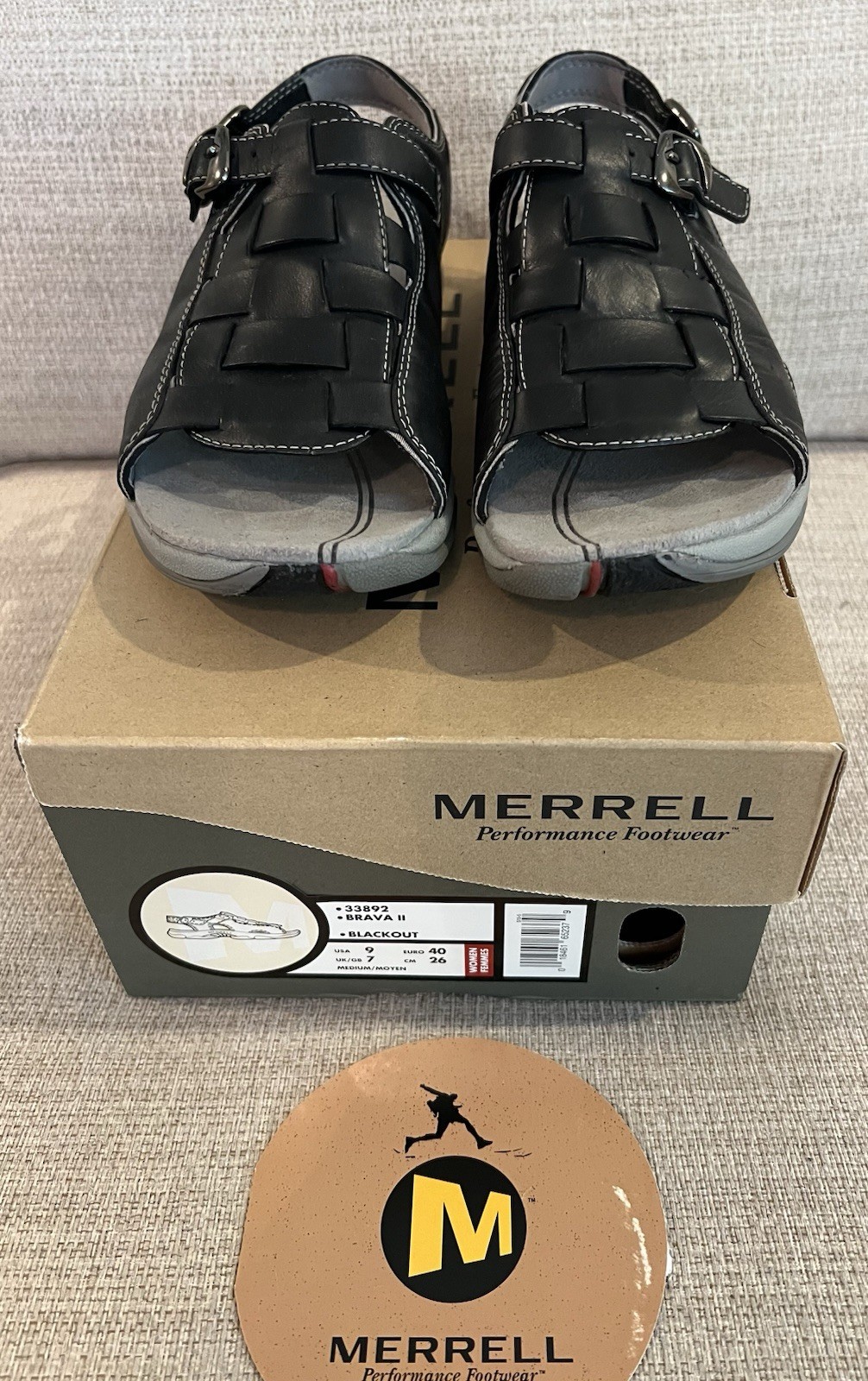 Merrell Brava II Blackout nero pelle intrecciata donna 9 cinturini sandali comodi