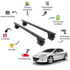 Bare Roof Rack Cross Bars Set for PEUGEOT 407 4 Door 04-12 Black