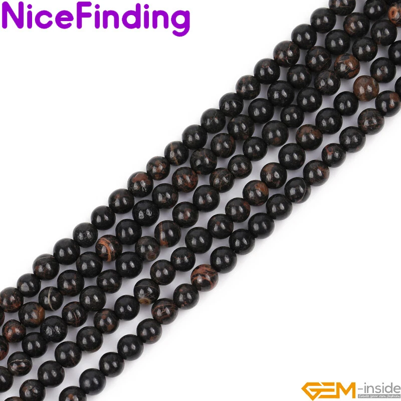 Cuentas naturales de piedras preciosas de obsidiana negra dorada marrón oscuro para hacer joyas 15" Foto 2 de 4