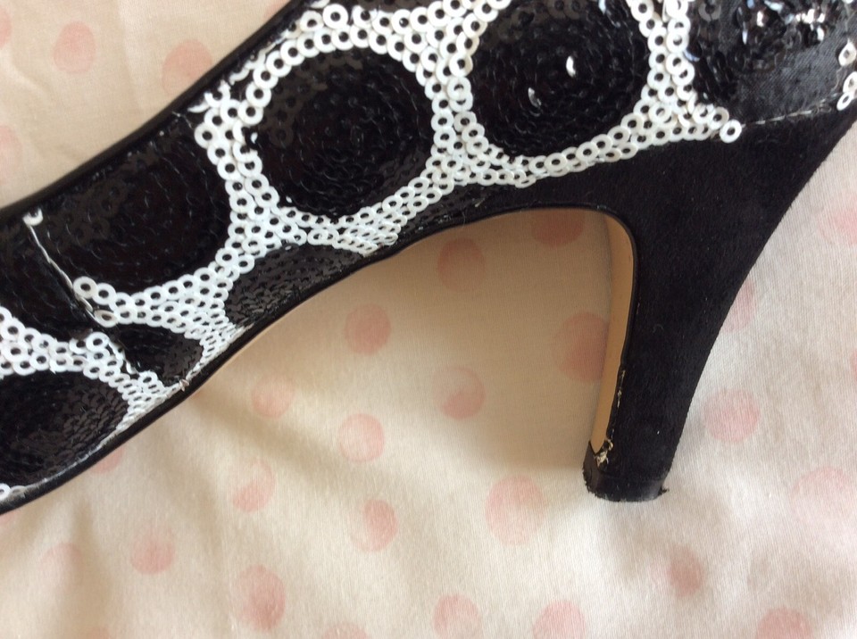 BEAUTIFUL 'LOTUS' BLACK & WHITE SEQUINNED Open Toe & Suede Ruffle SHOES