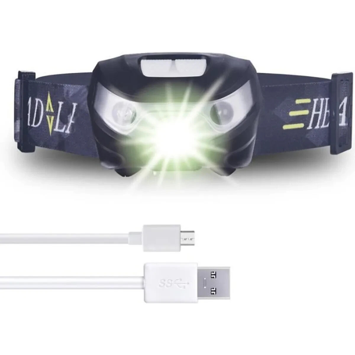 Lampe frontale USB rechargeable pour randonnée nocturne et bivouac sous la pluie avec LED et sensor