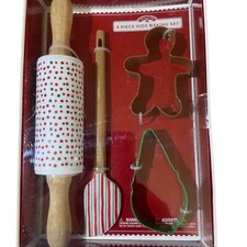 Holiday Time Kids Baking Set Rolling Pin Silicone Spatula 2 Cookie Cutters NIB