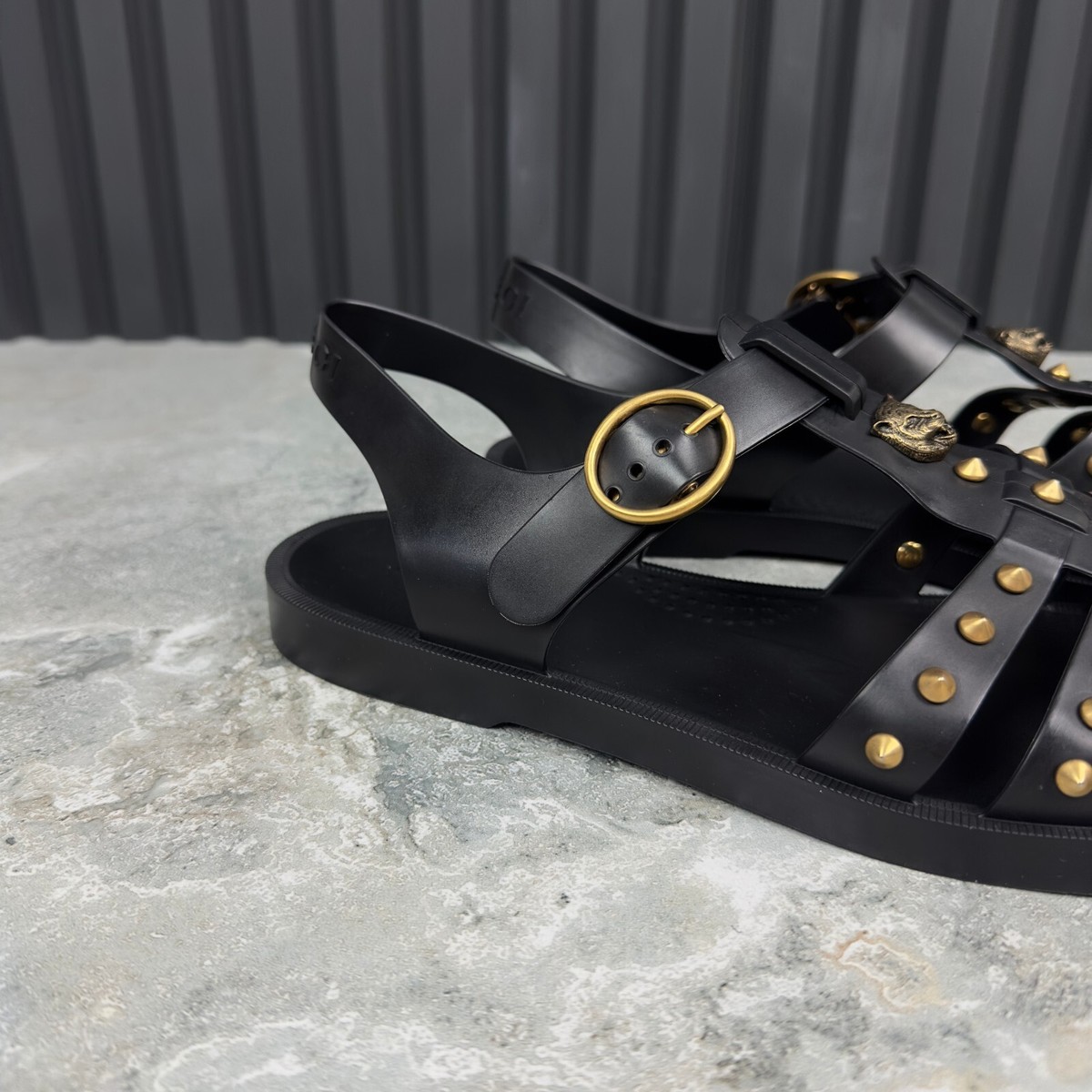 Gucci Studded Buckle Strap Sandals Black Rubber 8 LV or 8.5