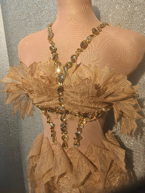 VETEMENTS Abito ali di cicala dorate cristallo lucido abiti da festa palco costumi vestito