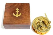 "Sundial Compass Set with Teak Wood Box - Inlaid Solid Brass Design"
