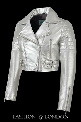 PROVOCATIVE Cropped Ladies Leather Jacket Silver Biker Rock Style
