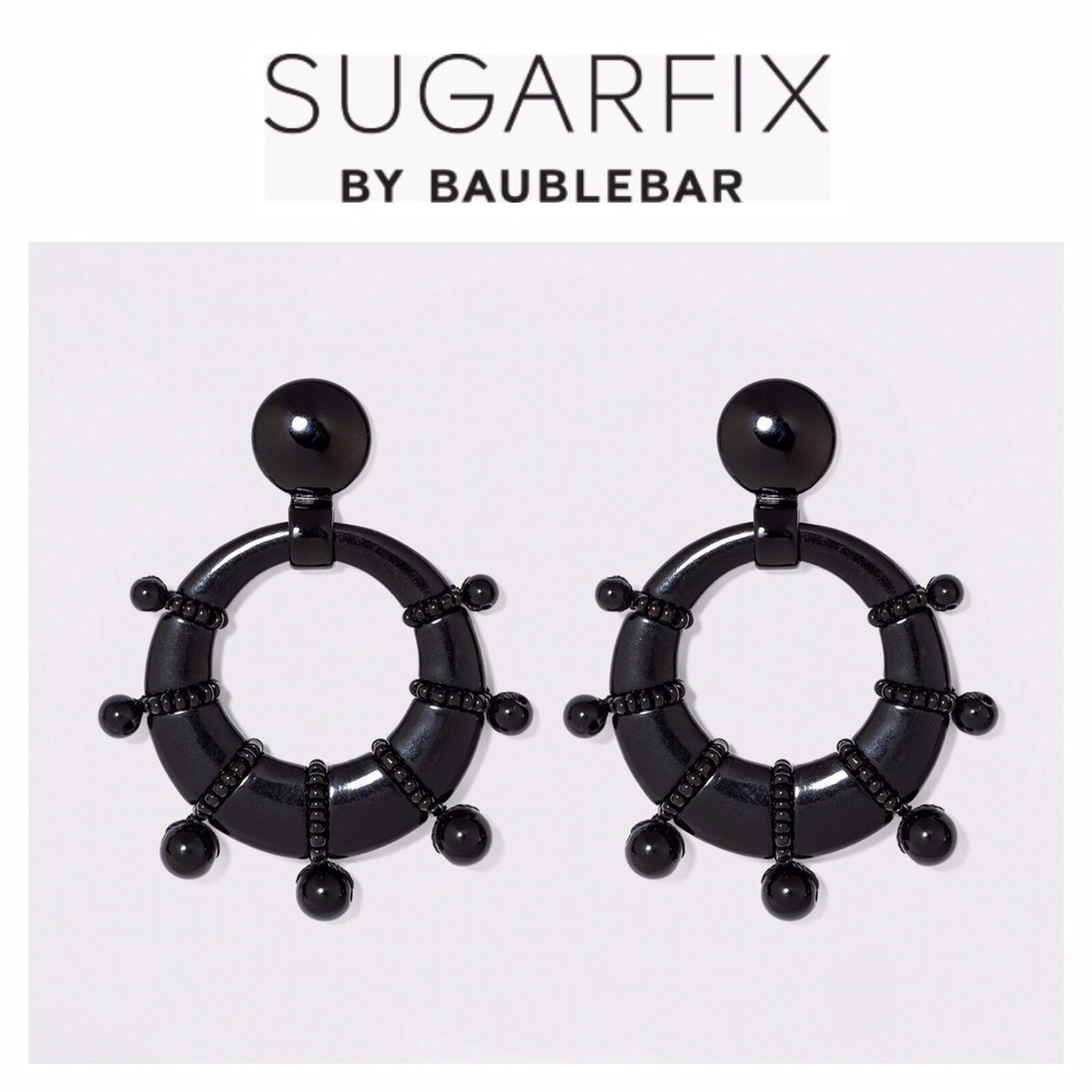 NWT SUGARFIX by BaubleBar Gold Tone Embellished Black Beads Hoop Earrings