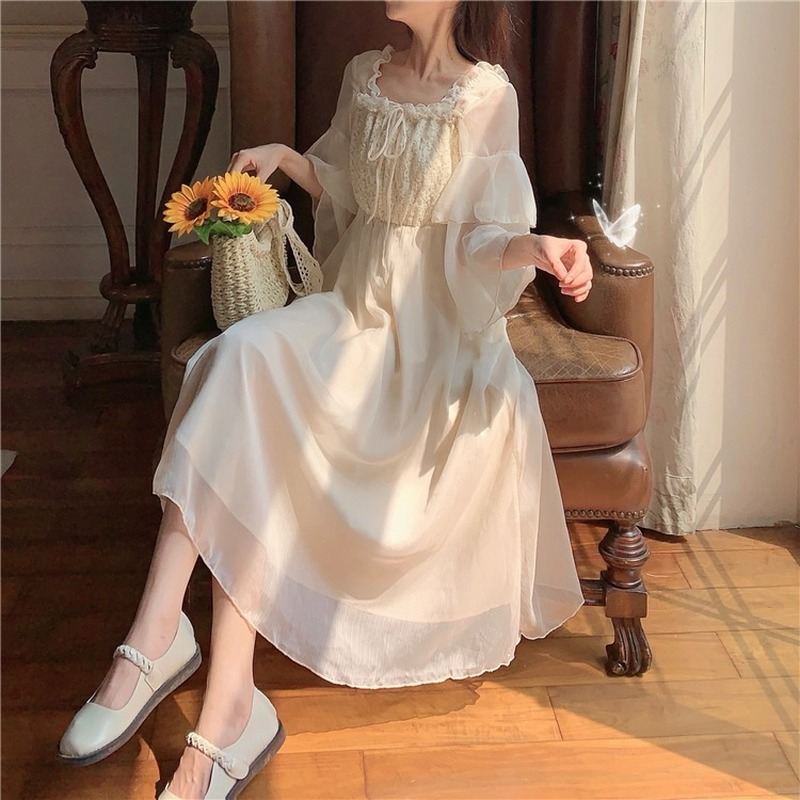 Lady Fairy Chiffon Lace Dress Square Collar Midi Cute
