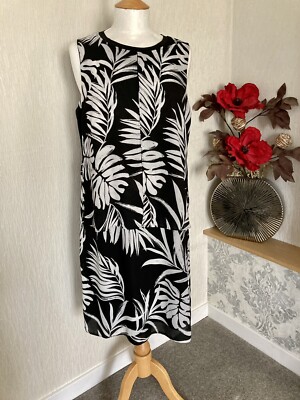 BNWTS £45 UK 14 DEBENHAMS COLLECTION BLACK/WHITE PALM PRINT RIB NECK LAYER DRESS