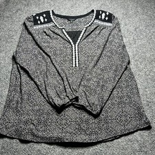 Lucky Brand Women's Top Size 1X Black white Printed Tunic Woven Embroidered Lace