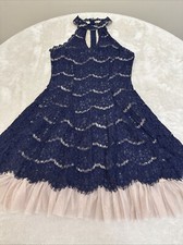 Womens Navy Blue Lace Overlay Floral Sleeveless Fit & Flare Dress Small