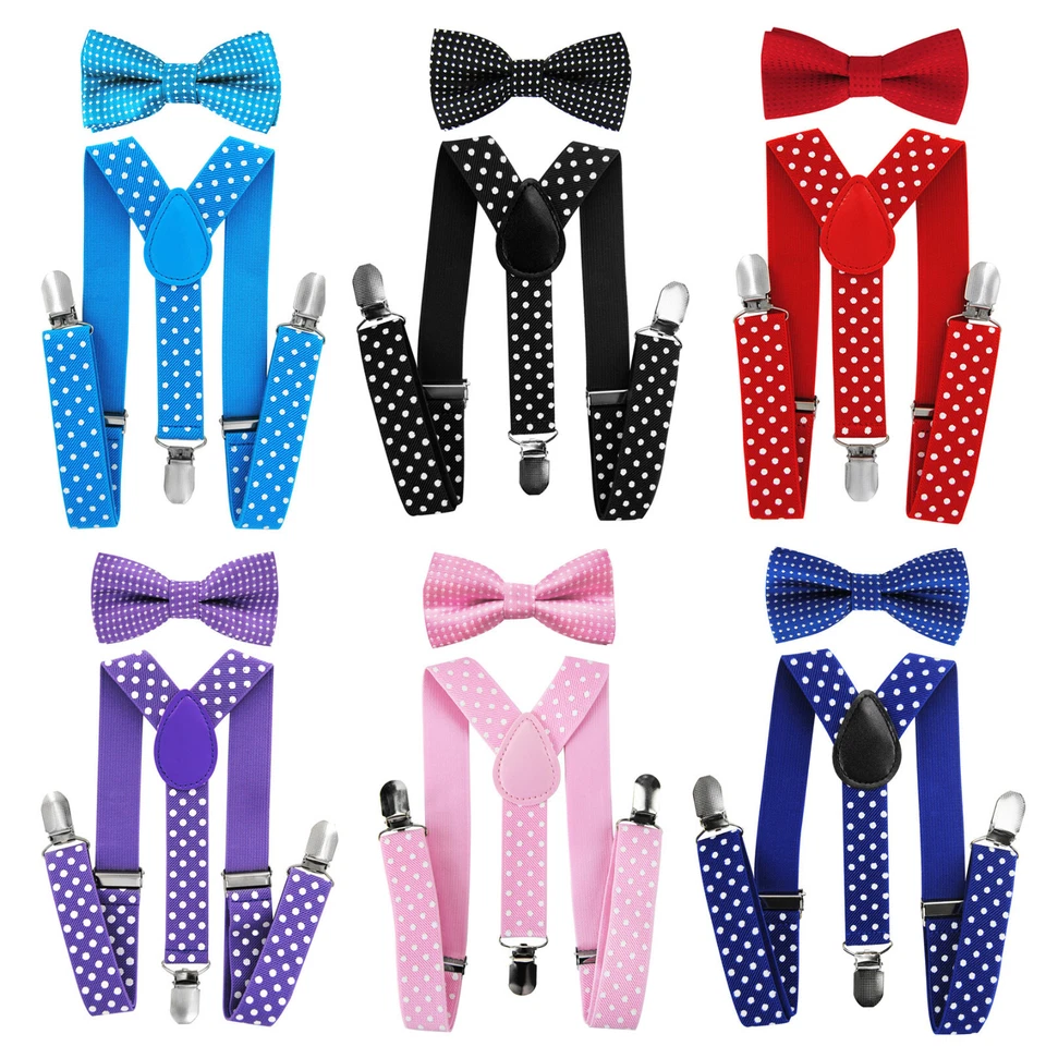 axy® Kinder Hosenträger Weiße Punkte - Y Form 2,5cm breit mit Fliege- 3 Clips