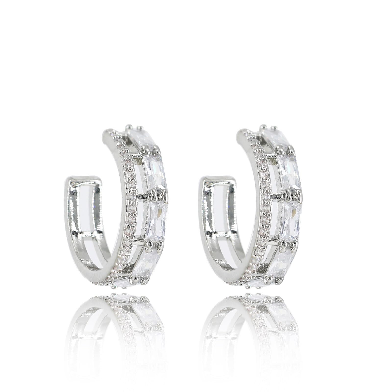 Women's and Teens' C Shaped Cubic Zirconia Cartilage Hoop Earring with 925 St...