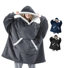 Wearable Blanket Hoodie Long Sherpa Fleece Blanket Sweatshirt Winter Warm Pocket