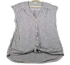 Max Studio Top Women’s Large L Blue White Striped Sleeveless Button Up Stretch