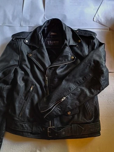 Wilsons Leather Men's Black Leather Biker Jacket L 42" Belted Zip Thinsulate - product listing photo