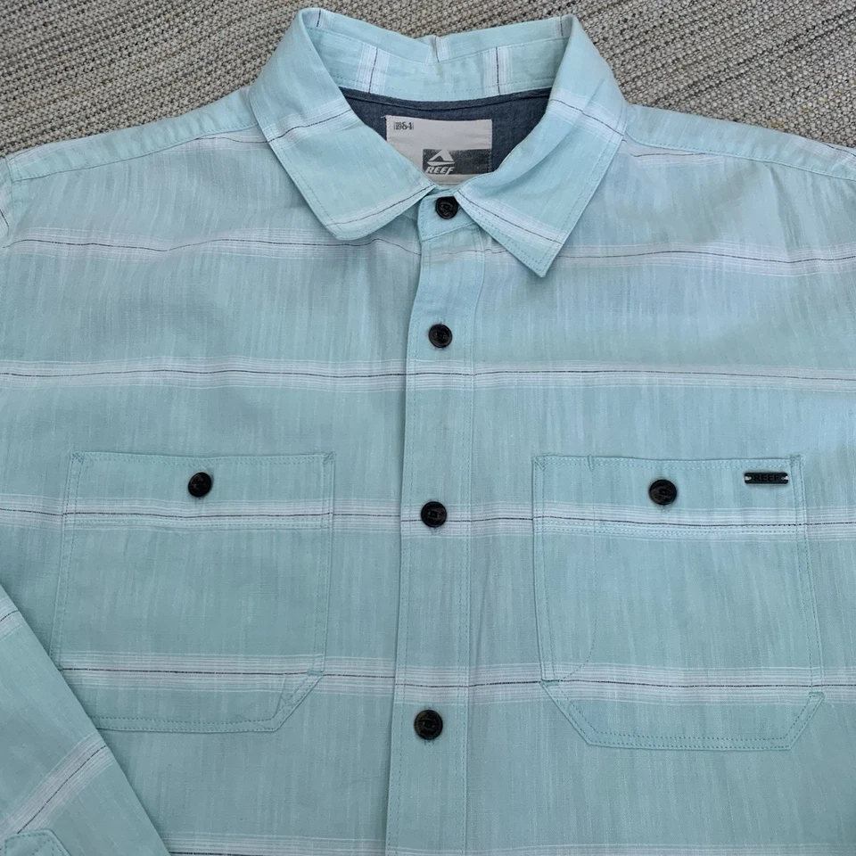 Camisa Reef Para Hombre Grande Azul Aqua Rayas Abotonada Manga Larga 100% Algodón Foto 3 de 4