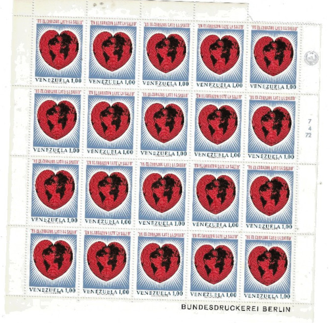 Venezuela: 1972; Scott 995, complete sheet of 20, less number corner MNH EBV1785