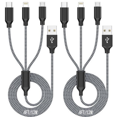 Multi Charging Cable 4/6ft 2Pack 3 in 1 Charger Cord, Multiple Rapid Nylon Braid