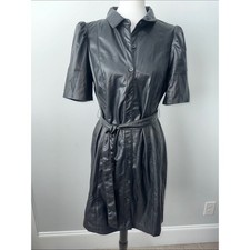 DKNY Black Faux Leather Button-Front Shirt Mini Dress Tie Belt Women's 12