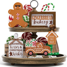 Christmas Tiered Tray Decor 5 Pcs Wooden Gingerbread Xmas Signs Bead Garland