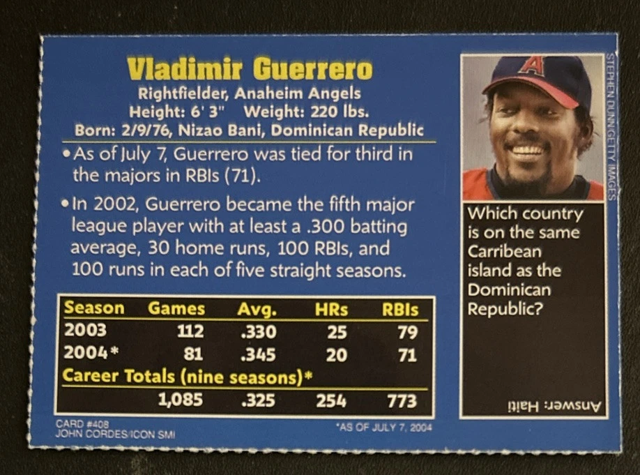 2005 Sports Illustrated For Kids SIFK Vladimir Guerrero #408 Angels HOF VG O/C - Image 2 of 2
