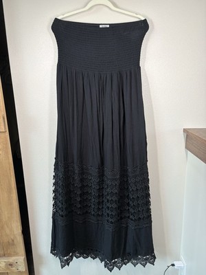 Justify Black Smocked Strapless Maxi Dress XL  Tube Embroidery Lace Resort wear