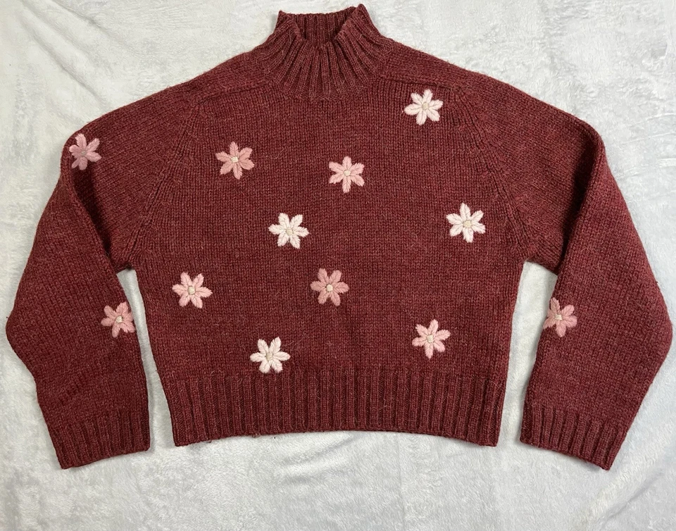 Ann Taylor L Alpaca Wool Burgundy Mock Neck Embroidered Floral Cottagecore VTG - Image 2 of 4