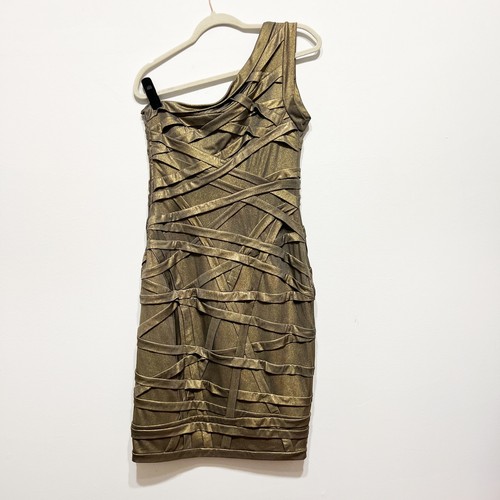 Tadashi Shoji bronze Gold bandage dress one shoulder bodycon size Medium Large - Picture 4 of 4