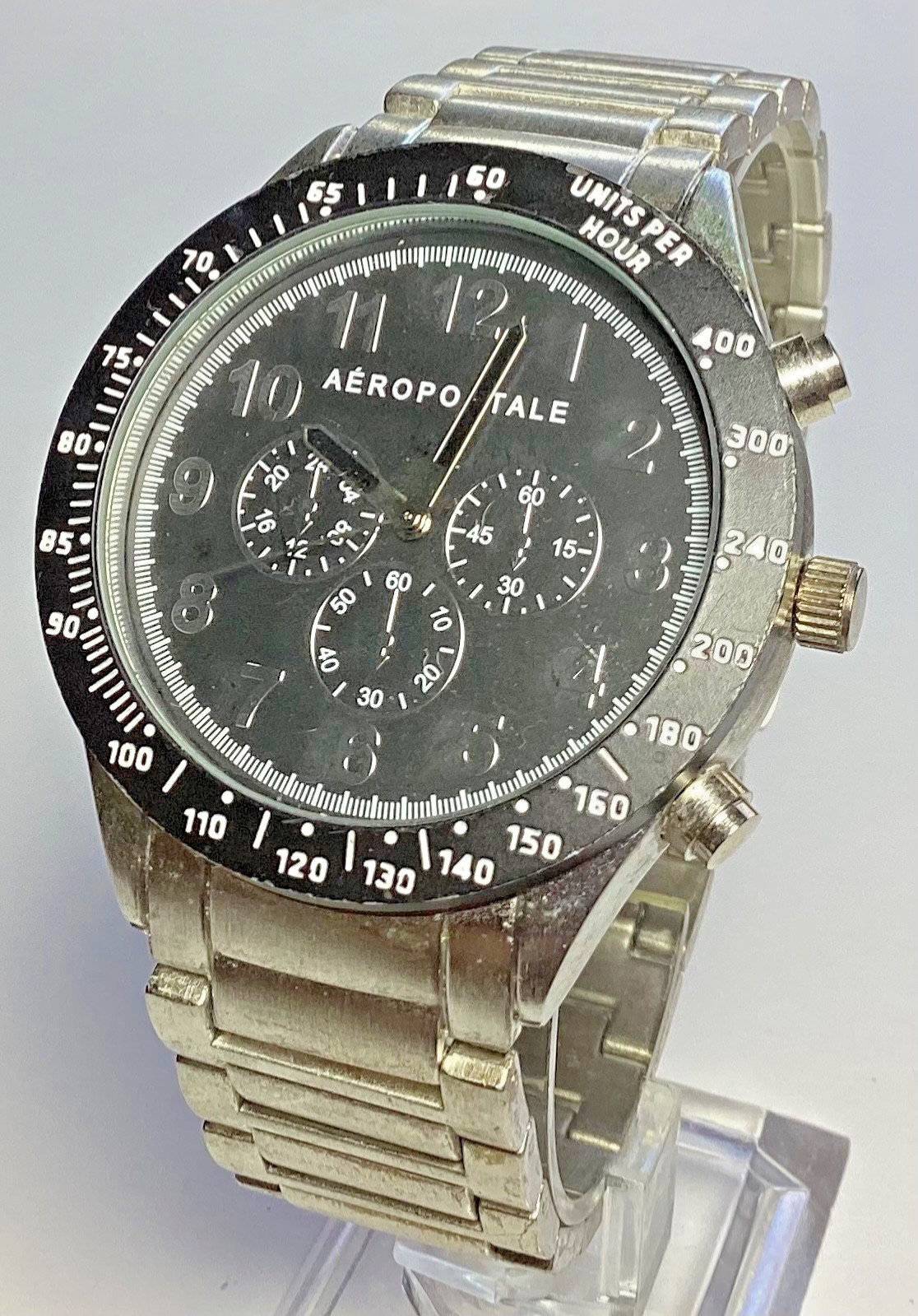 Aeropostale Men’s Quartz Watch 44mm Black Dial Stainless Bracelet New Battery