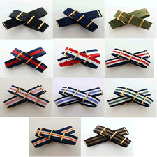 Nato / Nylon Watch Strap with Gold Buckle / Rings : 11 Colours: 18, 19, 20, 22mm