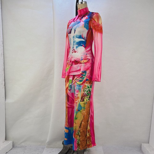 Women Spring Fashion Print High Elastic Long Sleeve Stand Collar Long Dress - Picture 8 of 25