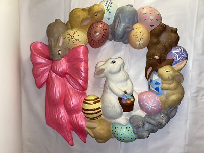 Sitters Ceramic Easter Bunny rabbit Wreath Bow & Eggs Wall Decor handpainted ￼